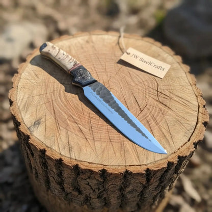 High Carbon Steel Fixed Blade Knife — Hammered Drop Point Blade, Ram Horn &amp; Black Resin Handle