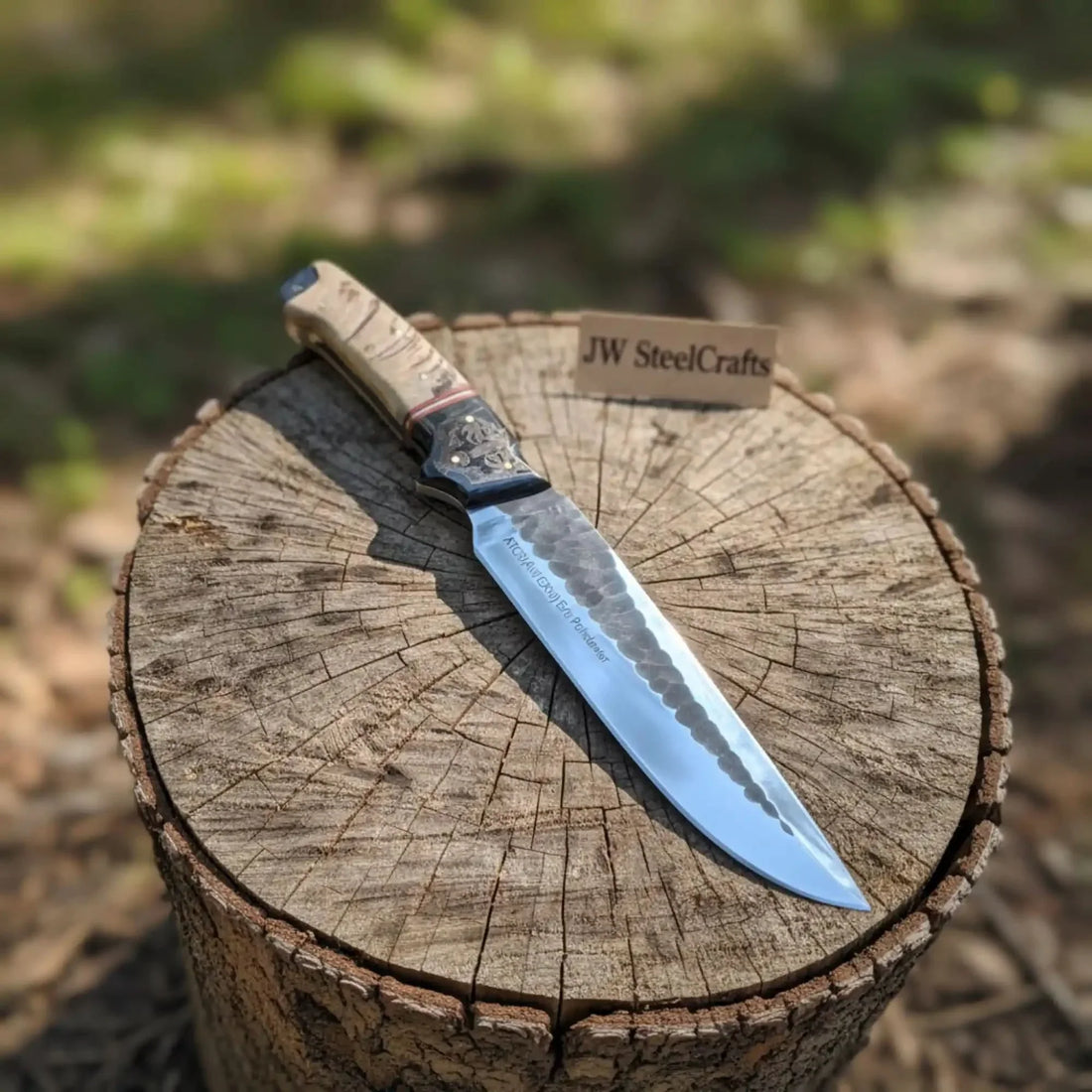 High Carbon Steel Fixed Blade Knife — Hammered Drop Point Blade, Ram Horn &amp; Black Resin Handle