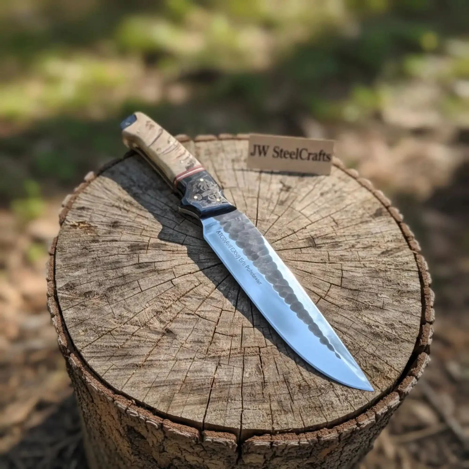 High Carbon Steel Fixed Blade Knife — Hammered Drop Point Blade, Ram Horn &amp; Black Resin Handle