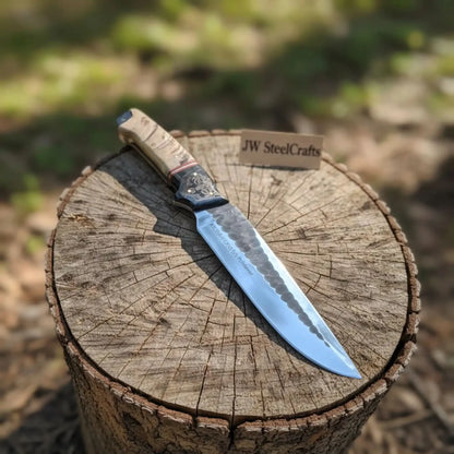 High Carbon Steel Fixed Blade Knife — Hammered Drop Point Blade, Ram Horn &amp; Black Resin Handle