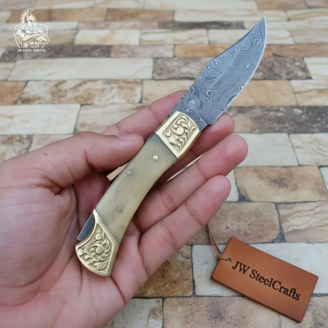Handmade Damascus Steel Folding Pocket Knife with Bone Handle &amp; Engraved Brass Bolsters