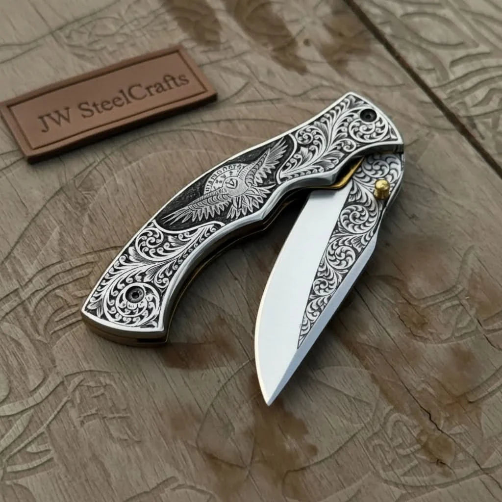 Hand Engraved Folding Knife — Eagle Motif Stainless Steel Scales, Mirror Polish Blade, Liner Lock, Wooden Box &amp; Viking Rune Bracelet