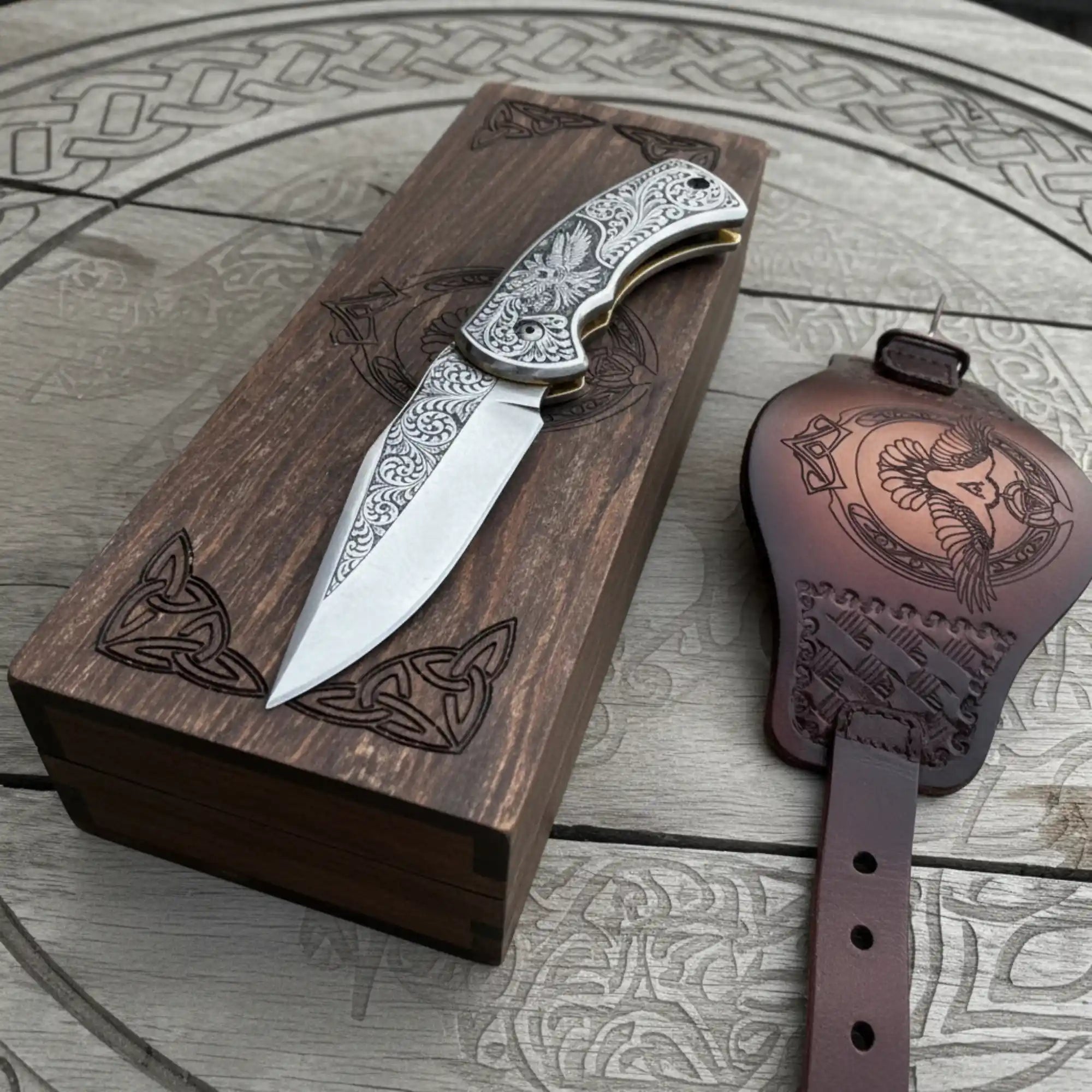 Hand Engraved Folding Knife — Eagle Motif Stainless Steel Scales, Mirror Polish Blade, Liner Lock, Wooden Box &amp; Viking Rune Bracelet