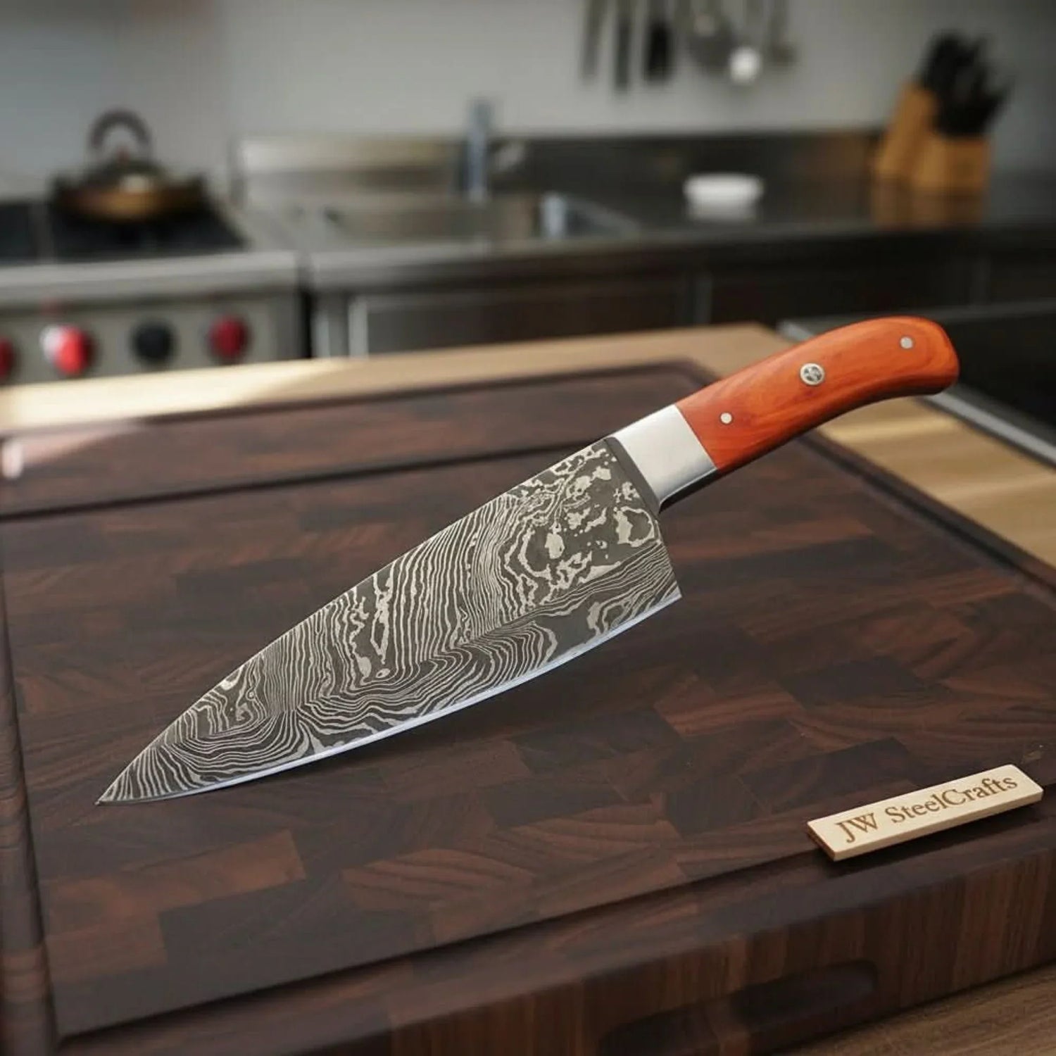 Damascus Gyuto Knife with Layered Steel Blade &amp; Orange Wood Handle for Precision Slicing