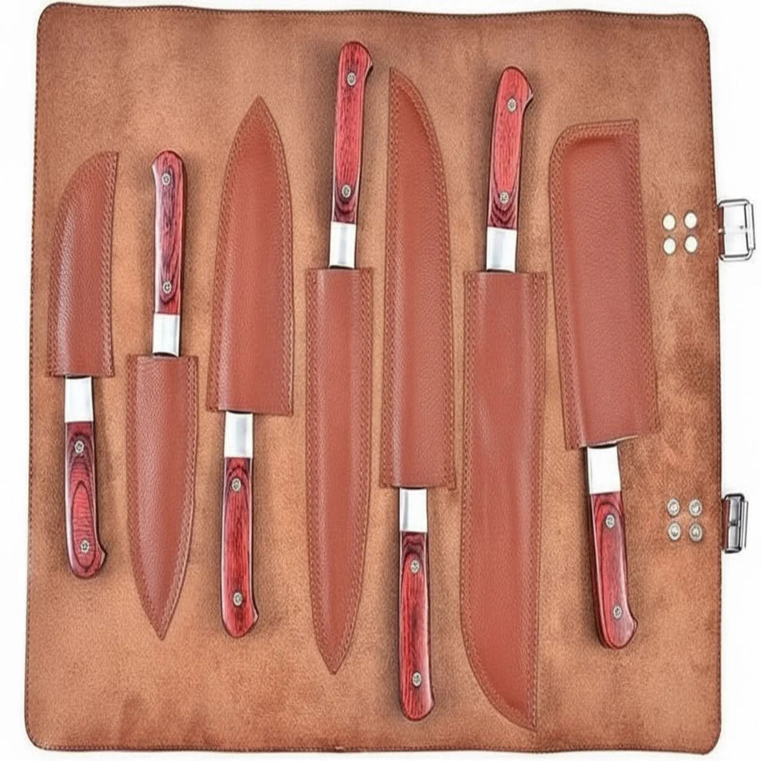 7-Piece Damascus Kitchen Knife Set — Chef, Nakiri, Bread Knife and Cleaver, Red Pakka Wood Handles