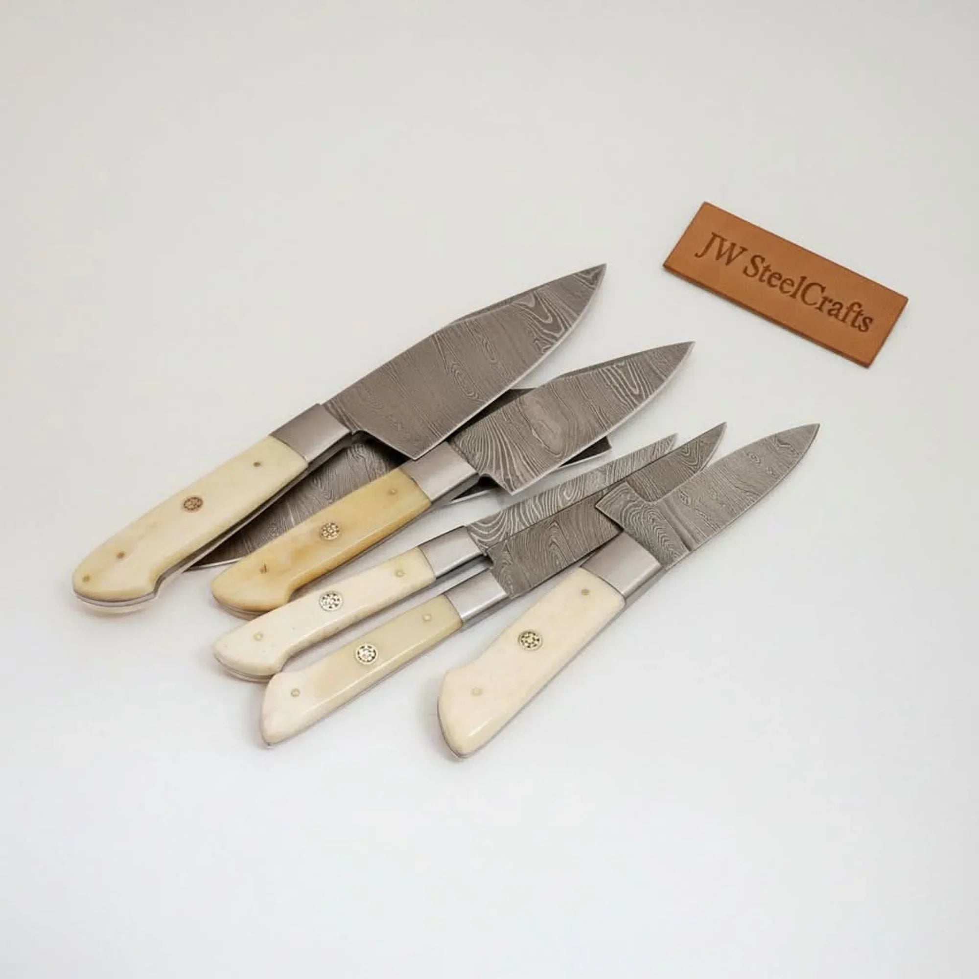 6-Piece Damascus Kitchen Knife Set – Gyuto, Santoku, Nakiri, Boning, Utility &amp; Paring | Natural Bone Handle | Leather Roll