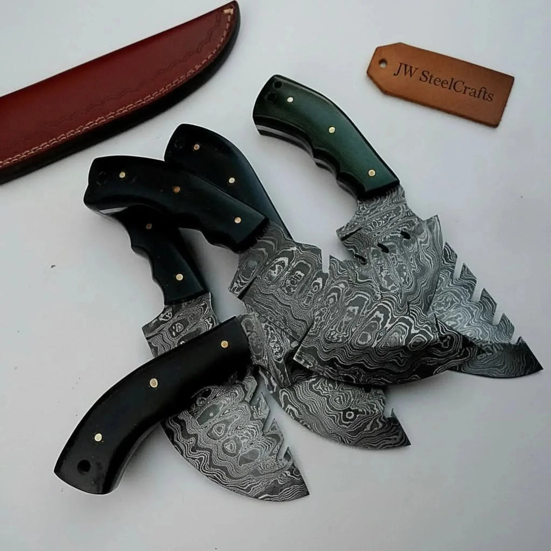 Custom Pattern-Welded Damascus Tracker Knives Collection (5 Knives) — Bushcraft &amp; Survival Set