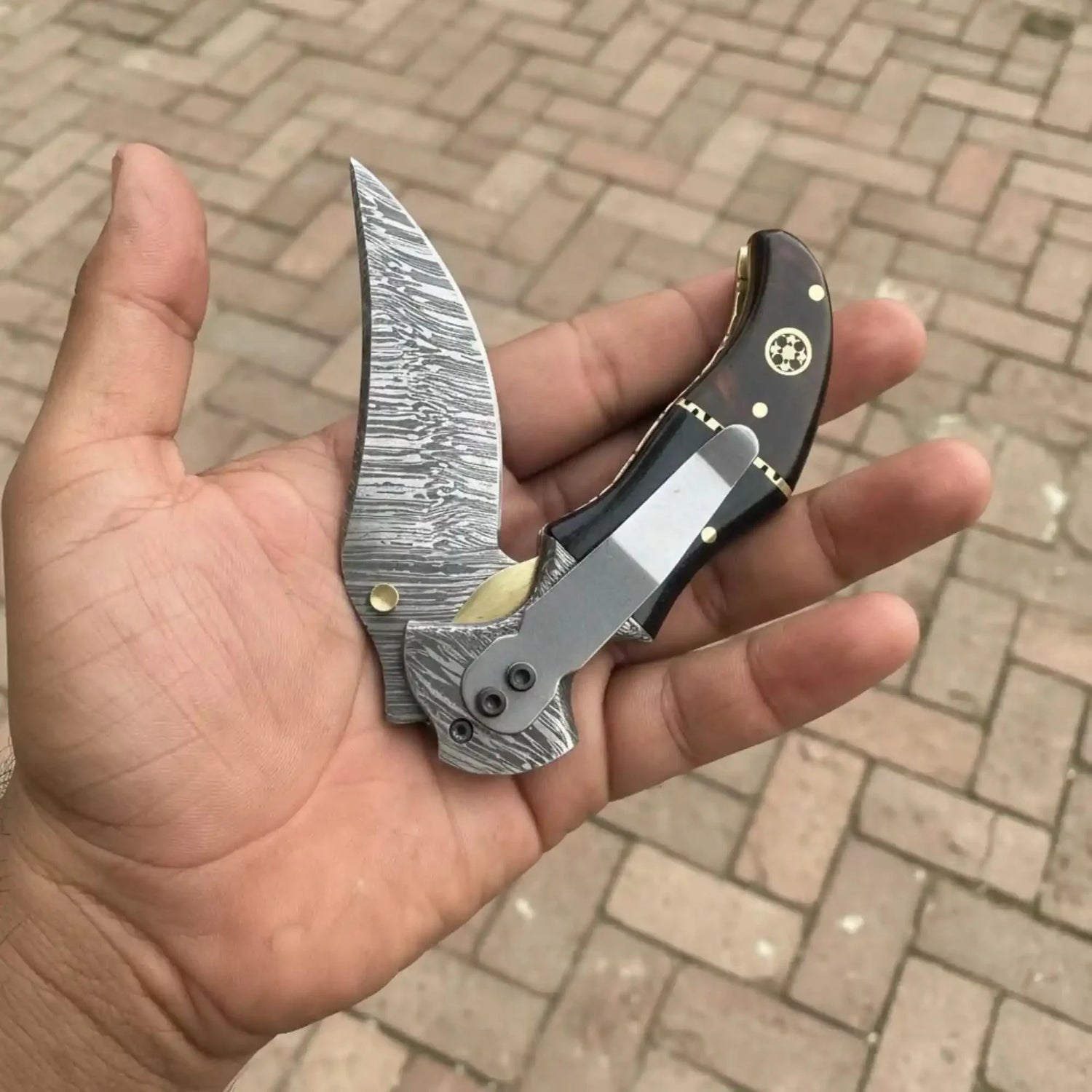 Damascus Recurve Folding Pocket Knife — Liner Lock, Black Resin &amp; Wood Handle, Brass Spacer &amp; Pocket Clip