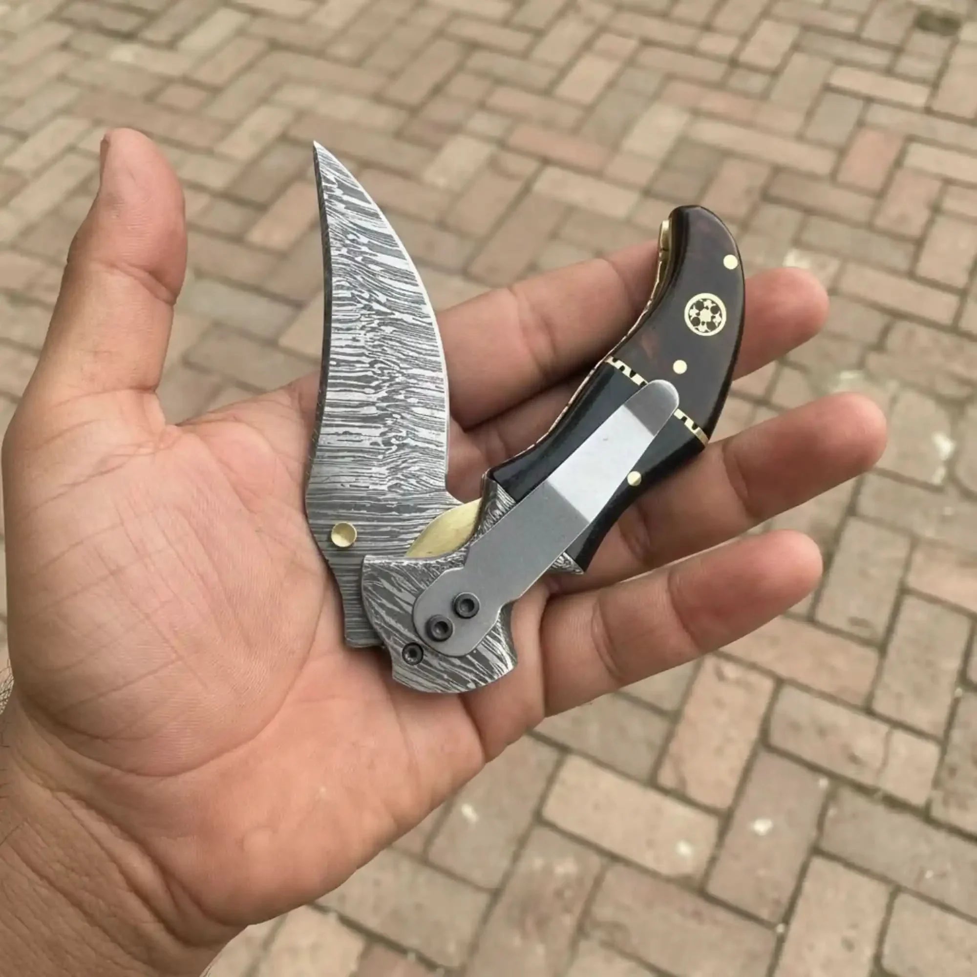 Damascus Recurve Folding Pocket Knife — Liner Lock, Black Resin &amp; Wood Handle, Brass Spacer &amp; Pocket Clip