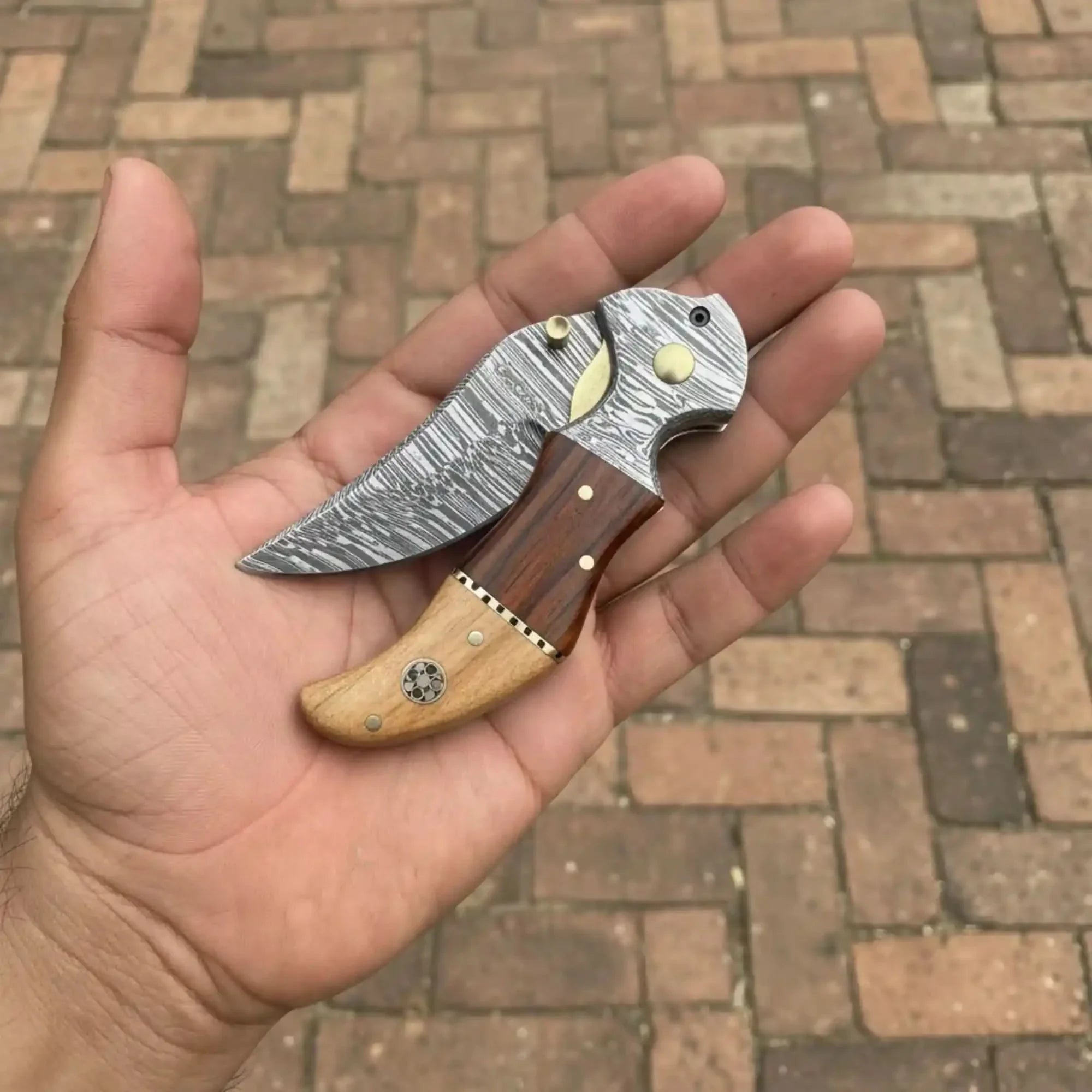 Small Damascus Recurve Folding Pocket Knife — Liner Lock, Rosewood &amp; Olive Wood Handle, Brass Bolster &amp; Brass Thumb Stud