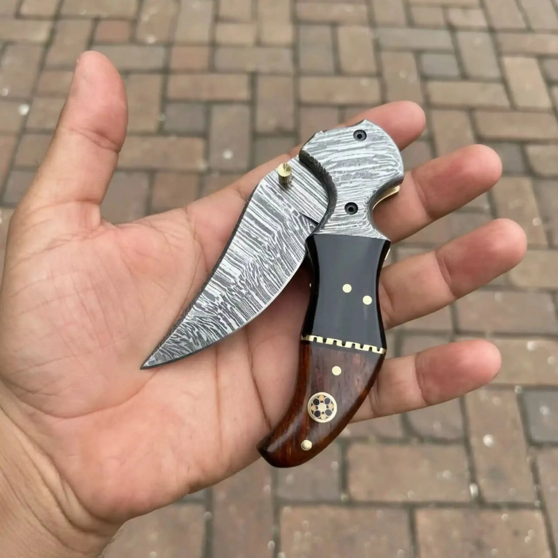 Damascus Recurve Folding Pocket Knife — Liner Lock, Black Resin &amp; Wood Handle, Brass Spacer &amp; Pocket Clip