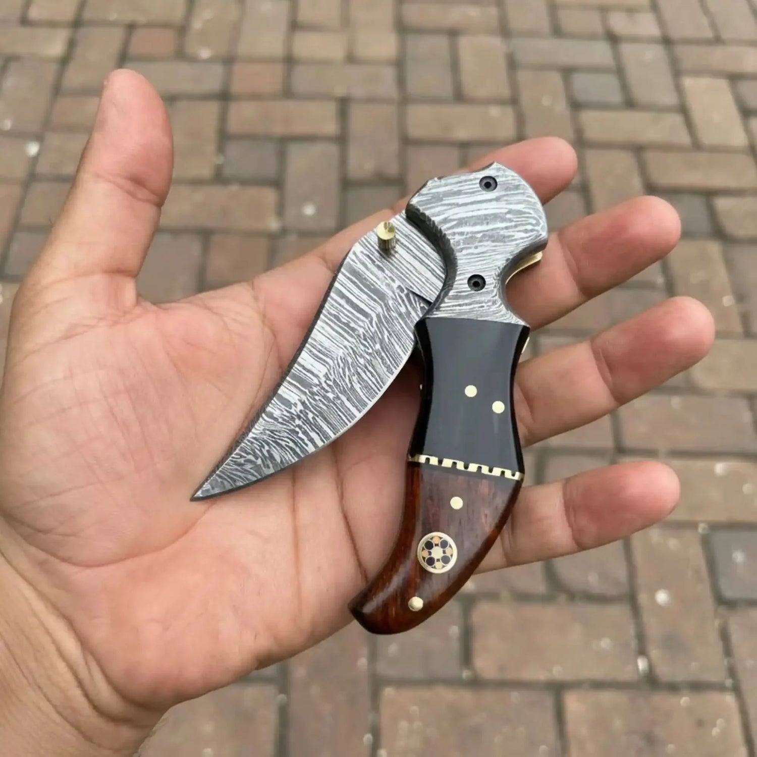 Damascus Recurve Folding Pocket Knife — Liner Lock, Black Resin &amp; Wood Handle, Brass Spacer &amp; Pocket Clip