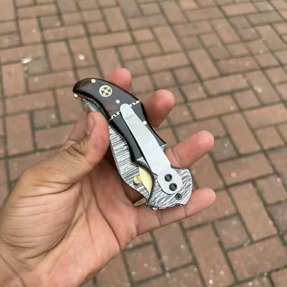 Damascus Recurve Folding Pocket Knife — Liner Lock, Black Resin &amp; Wood Handle, Brass Spacer &amp; Pocket Clip