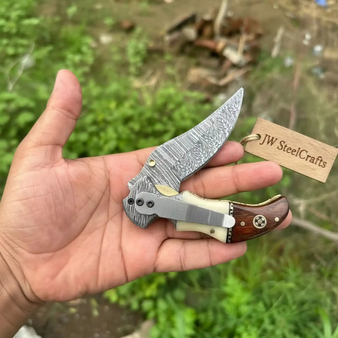 Damascus Hawkbill Folding Pruning Knife — Liner Lock, Rosewood &amp; Bone Handle, Mosaic Pin