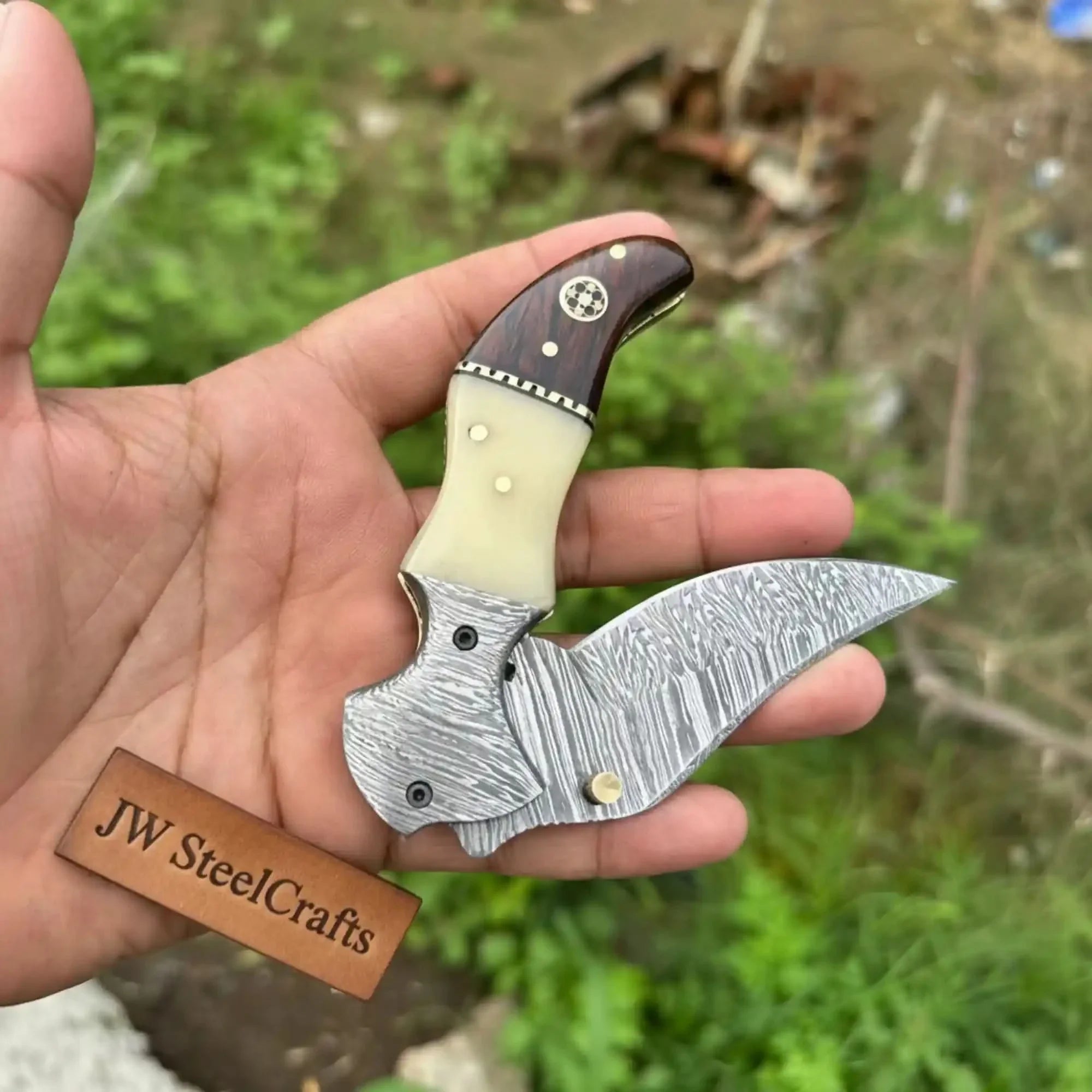Damascus Hawkbill Folding Pruning Knife — Liner Lock, Rosewood &amp; Bone Handle, Mosaic Pin