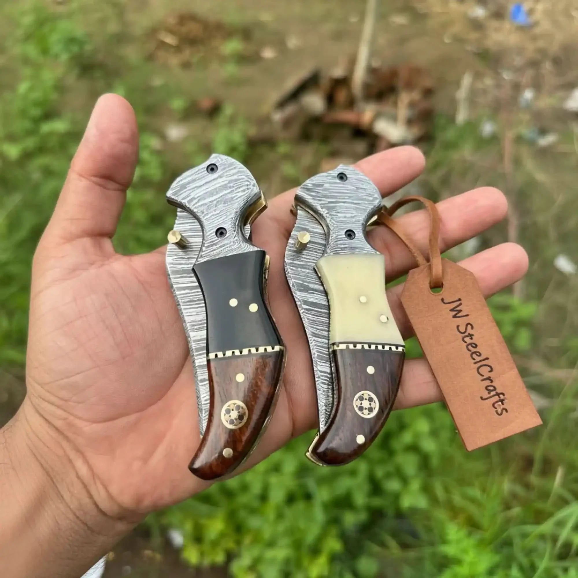2-Piece Damascus Hawkbill Folding Pocket Knives — Liner Lock, Rosewood Black &amp; Cream Resin Handles, Brass Bolsters