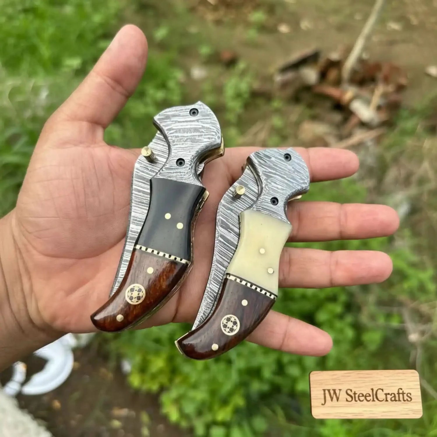 2-Piece Damascus Hawkbill Folding Pocket Knives — Liner Lock, Rosewood Black &amp; Cream Resin Handles, Brass Bolsters