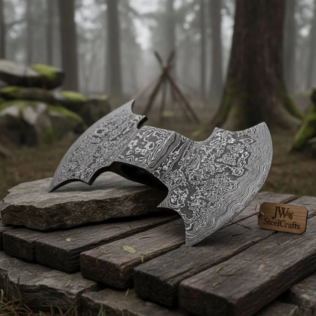 Damascus Double-Bit Axe Head – Fantasy Crescent Pattern