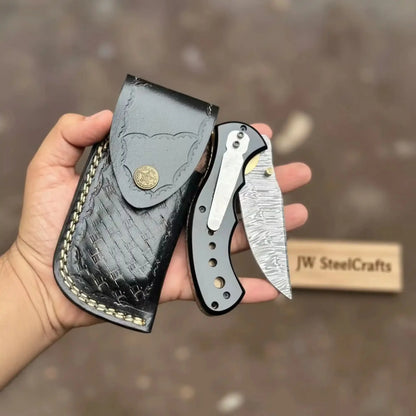 Damascus Steel Folding Pocket Knife — Recurve Clip Point Blade, Black Resin Handle, Pocket Clip &amp; Cowhide Leather Sheath