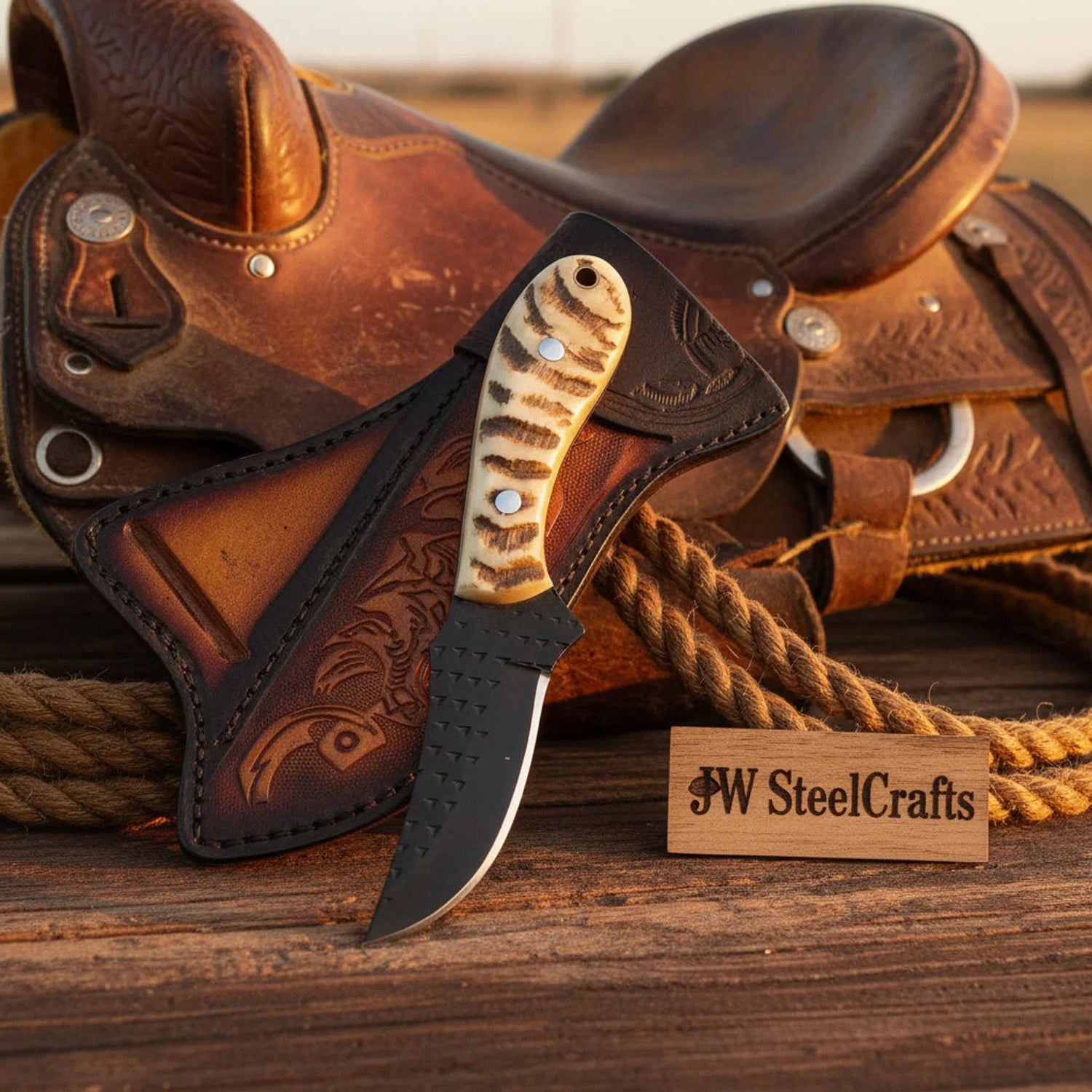 Ironstag Cowboy Knife 8" Handmade Carbon Steel Stag Horn Handle