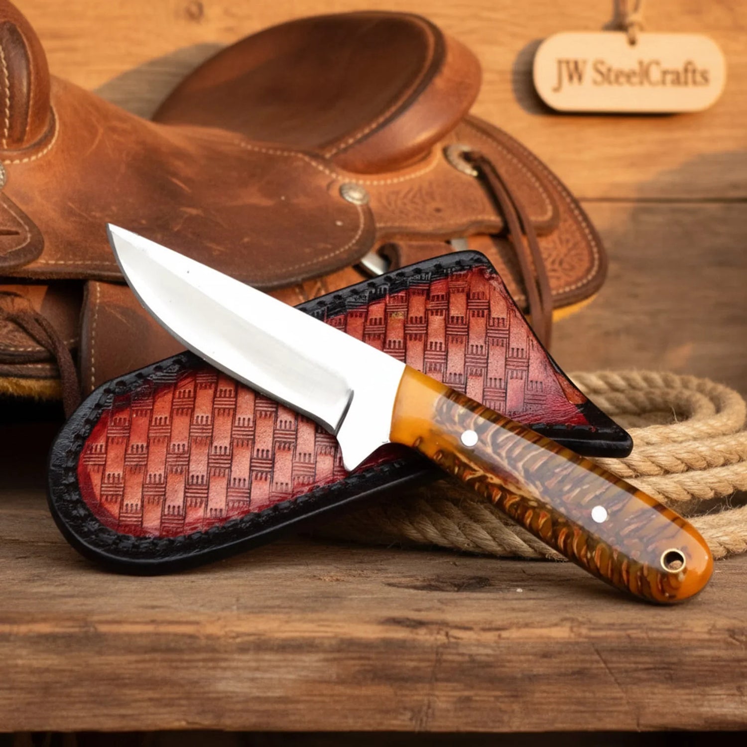 Rosewood Trail Skinner Knife 8" Handmade Damascus Reddish-Brown Wood Handle