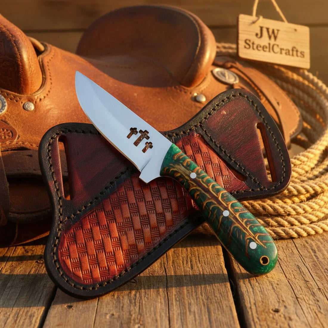 Emerald Ridge Skinner Knife 7" Handmade Green Resin Damascus Blade