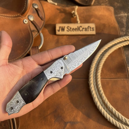 Blackwaist Damascus Folder Knife 7" Handmade Micarta Handle Liner Lock
