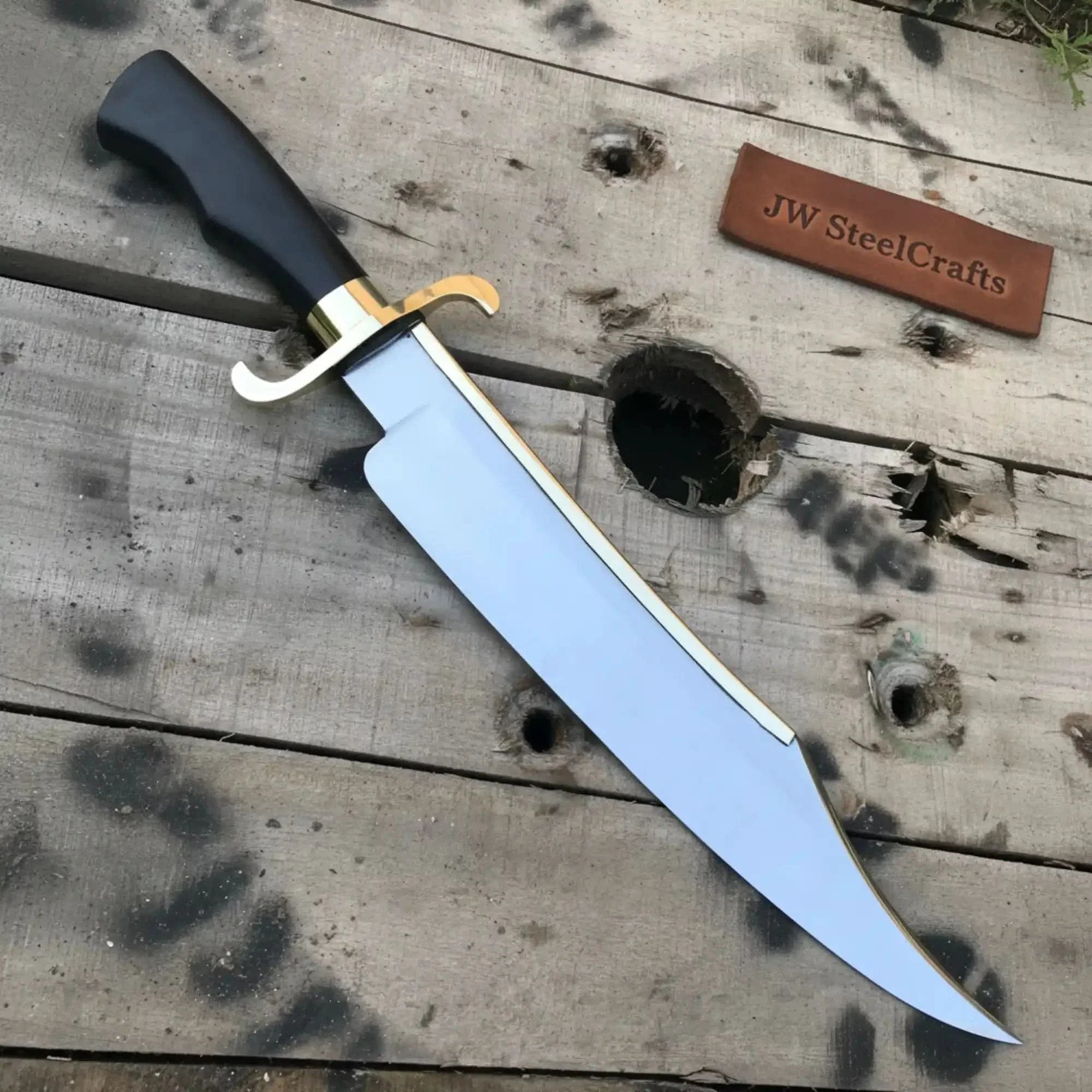 Carbon Steel 10-Inch Clip Point Bowie Knife — Black Handle, Brass S-Guard &amp; Mirror Polished Blade