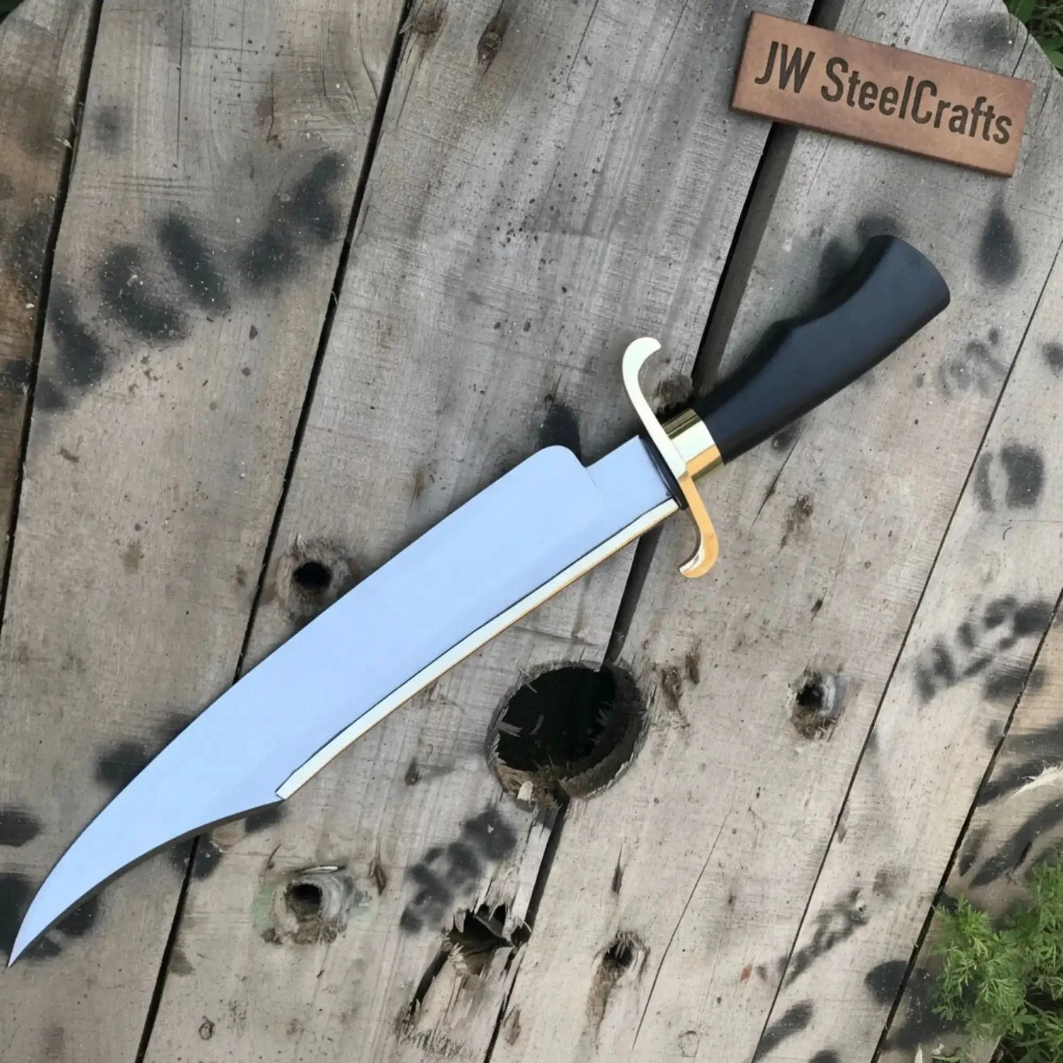 Carbon Steel 10-Inch Clip Point Bowie Knife — Black Handle, Brass S-Guard &amp; Mirror Polished Blade