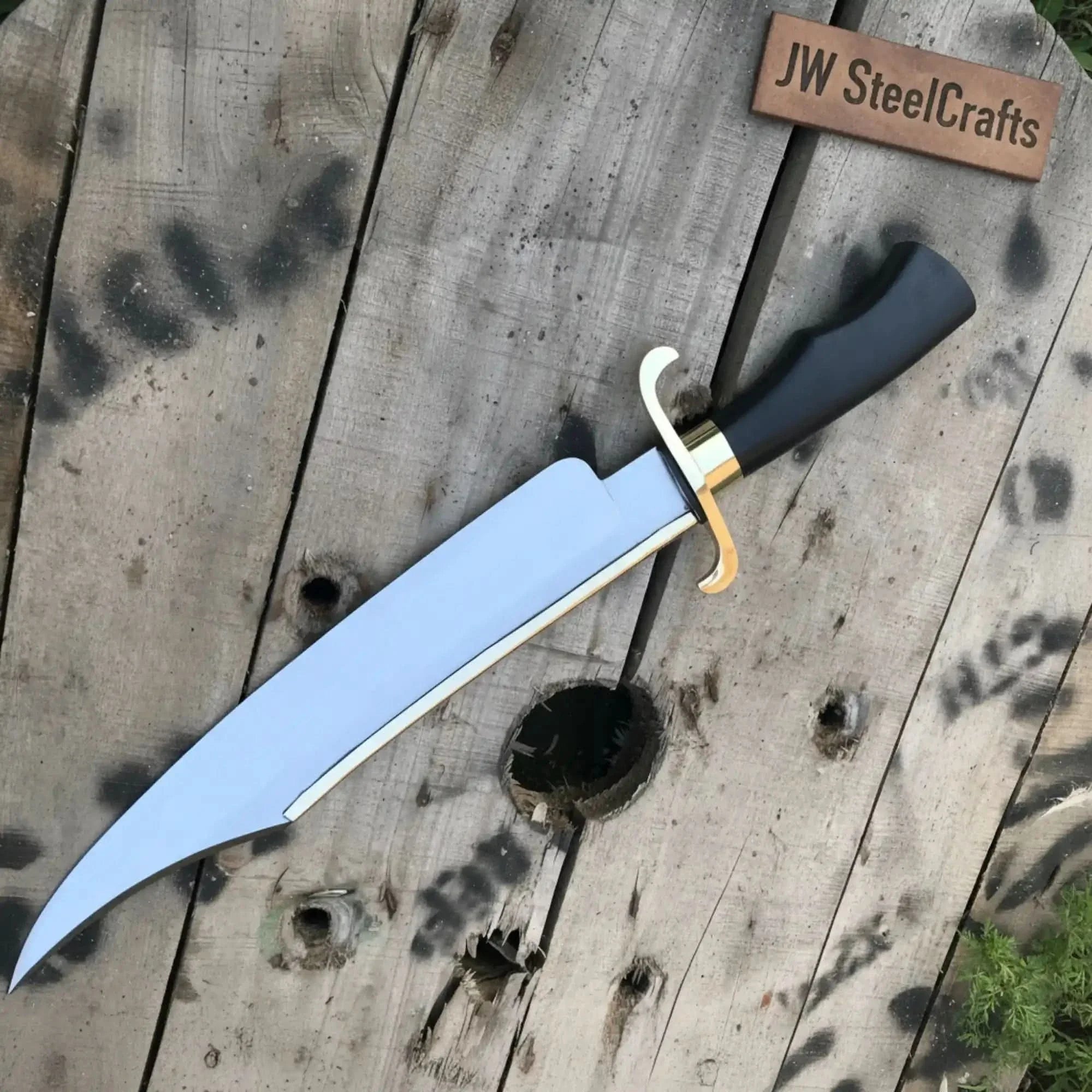 Carbon Steel 10-Inch Clip Point Bowie Knife — Black Handle, Brass S-Guard &amp; Mirror Polished Blade