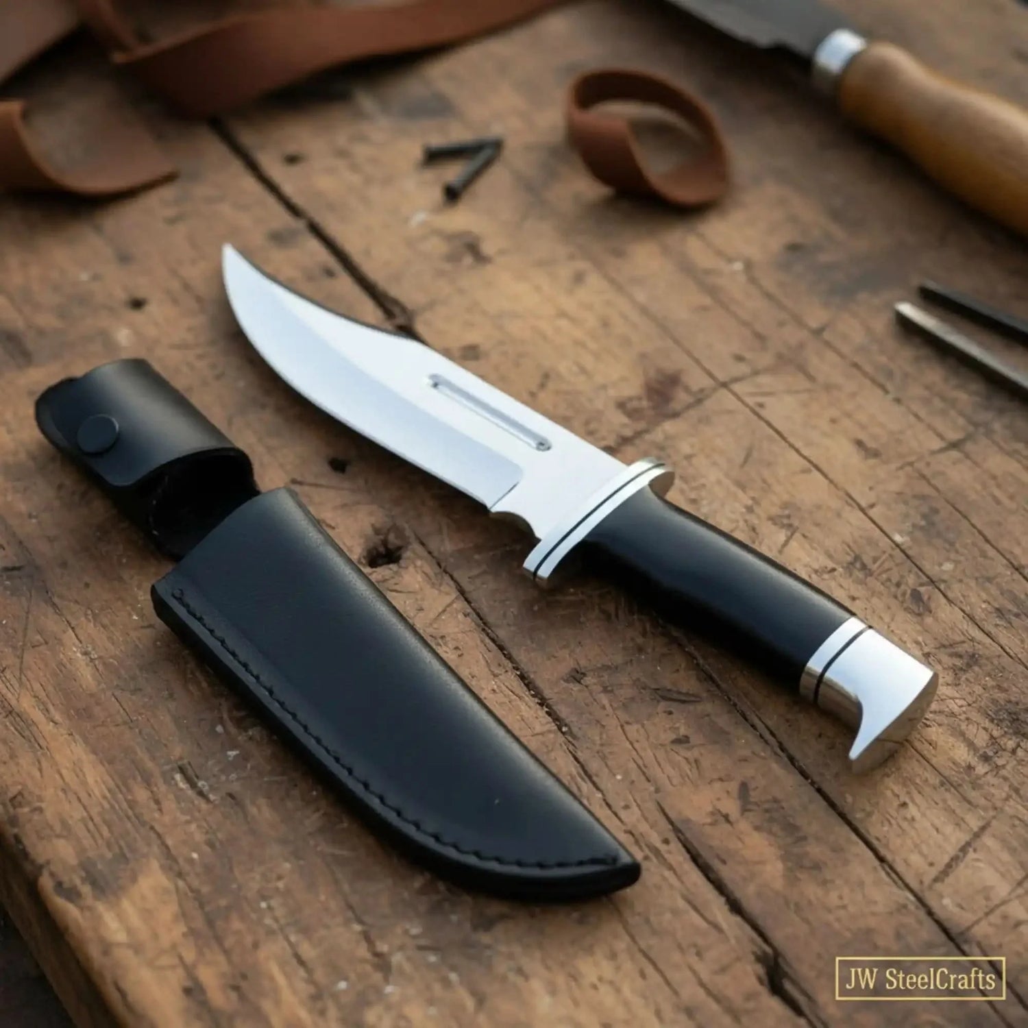 Carbon Steel Clip Point Bowie Knife — Black Resin Handle, Steel Guard, Steel Pommel &amp; Mirror Polished Blade