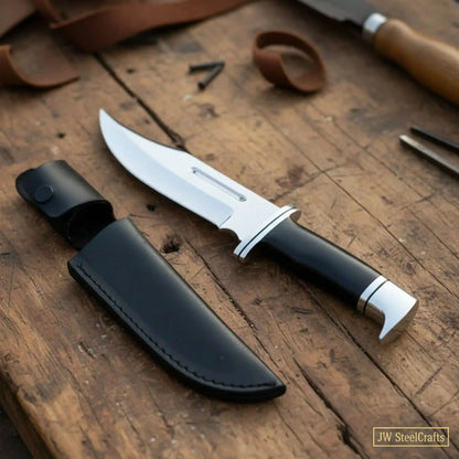 Carbon Steel Clip Point Bowie Knife — Black Resin Handle, Steel Guard, Steel Pommel &amp; Mirror Polished Blade