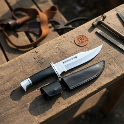 Carbon Steel Clip Point Bowie Knife — Black Resin Handle, Steel Guard, Steel Pommel &amp; Mirror Polished Blade