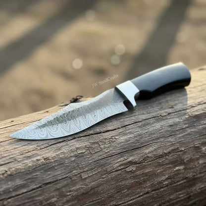Damascus Trailing Point Fixed Blade Hunting Knife — Forged Ladder Pattern Blade, Black Resin Handle &amp; Steel Guard