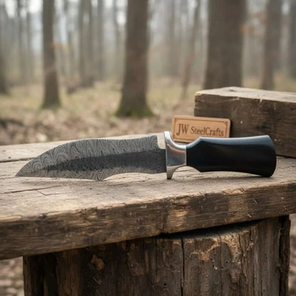 Damascus Trailing Point Fixed Blade Hunting Knife — Forged Ladder Pattern Blade, Black Resin Handle &amp; Steel Guard