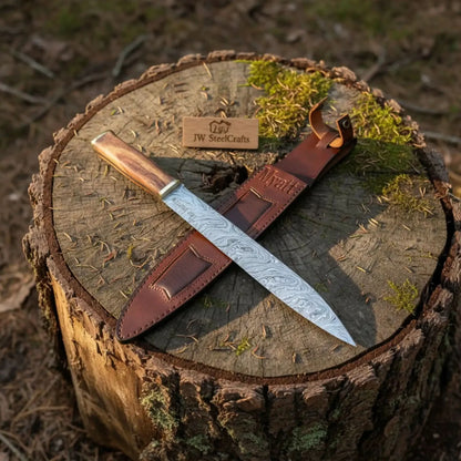 15-Inch Damascus Seax Knife — 10-Inch Wave Pattern Blade, Rosewood Handle, Brass Bolster, Brass Pommel &amp; Leather Sheath