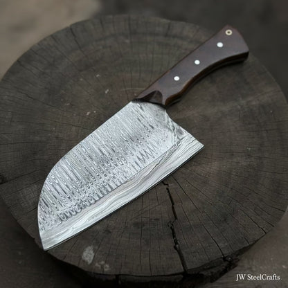 10-Inch Damascus Camp Cleaver — 5.5 Inch Blade, Tali Wood Handle, Silver Pins &amp; Black Spacer