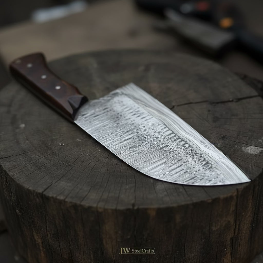 10-Inch Damascus Camp Cleaver — 5.5 Inch Blade, Tali Wood Handle, Silver Pins &amp; Black Spacer