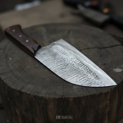 10-Inch Damascus Camp Cleaver — 5.5 Inch Blade, Tali Wood Handle, Silver Pins &amp; Black Spacer