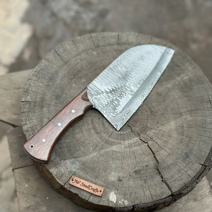 10-Inch Damascus Camp Cleaver — 5.5 Inch Blade, Tali Wood Handle, Silver Pins &amp; Black Spacer
