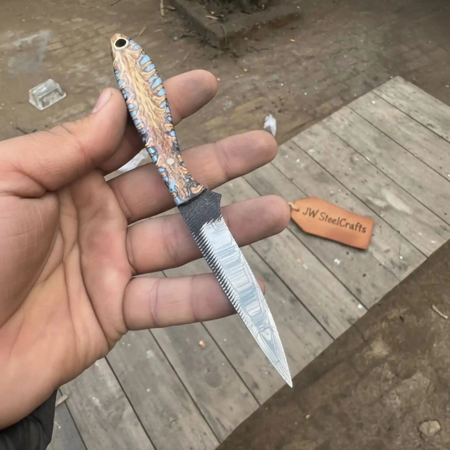 7-Inch Rasp Steel Dagger — Double-Edged Blade, Pinecone Blue Resin Handle, Steel Guard &amp; Brass Lanyard Hole
