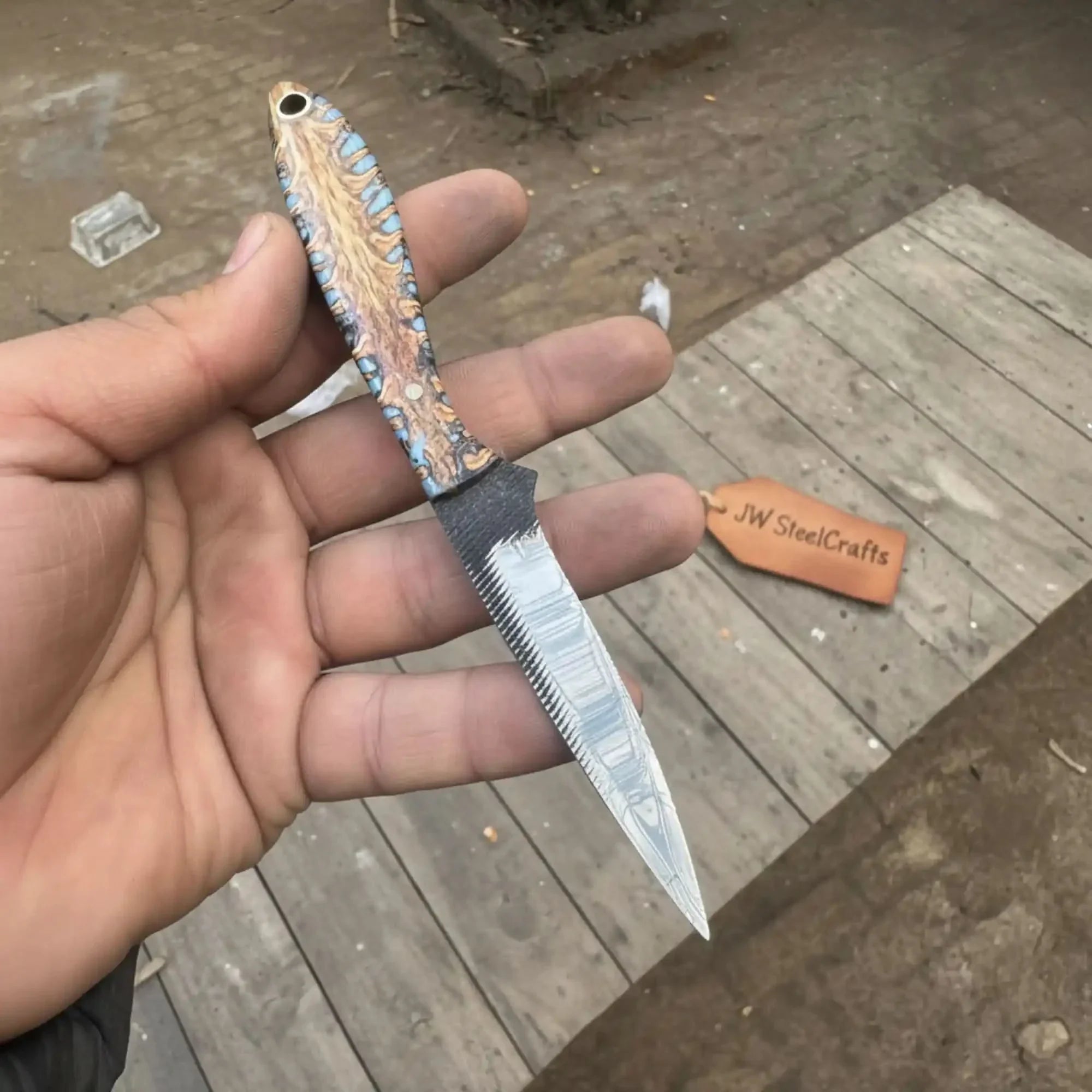 7-Inch Rasp Steel Dagger — Double-Edged Blade, Pinecone Blue Resin Handle, Steel Guard &amp; Brass Lanyard Hole