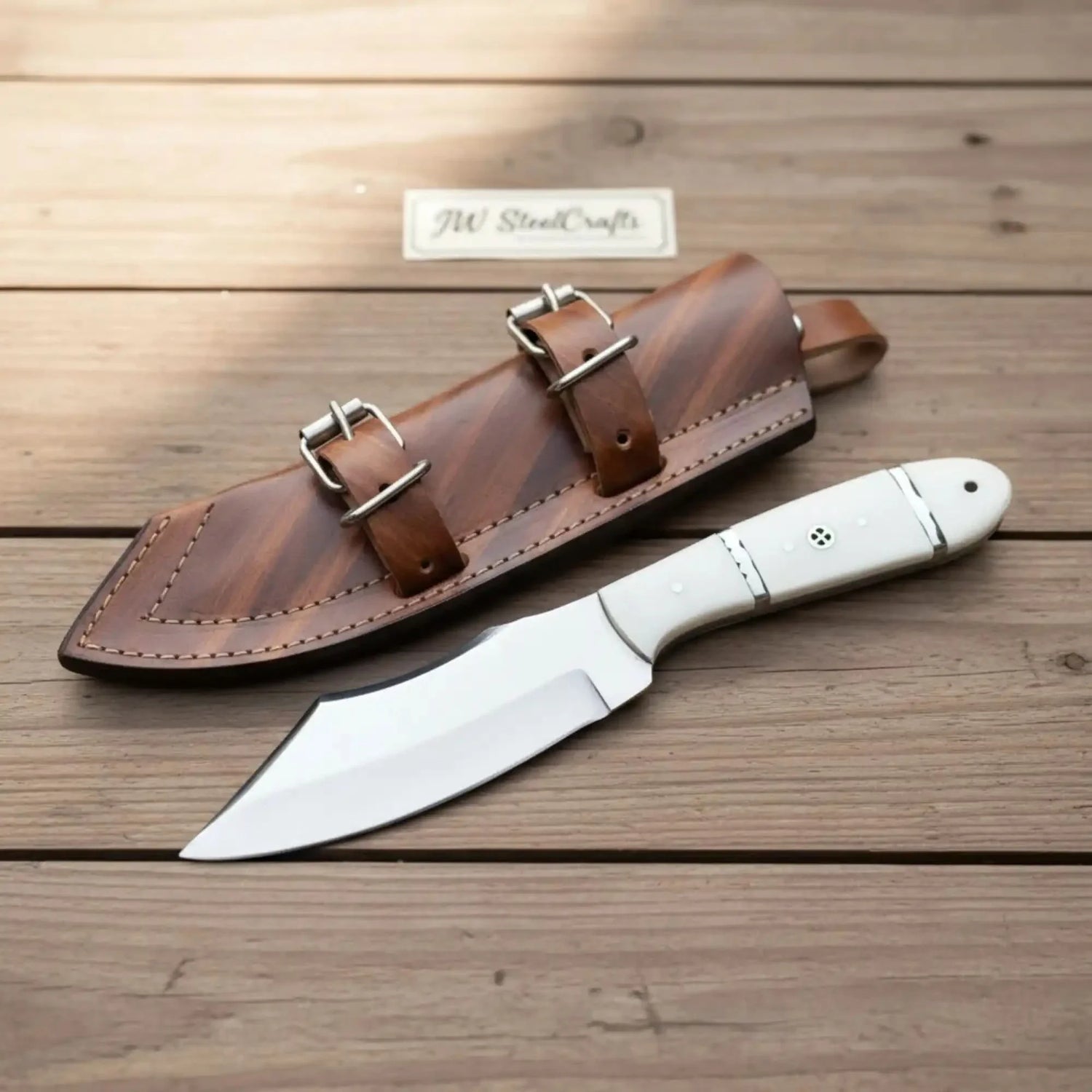 Handmade Carbon Steel Hunting Knife with White Epoxy Resin Handle