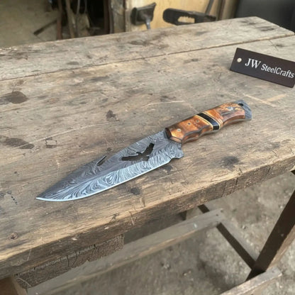 Handmade Feather Damascus Hunting Knife with Burned Camel Bone Handle &amp;amp; Eagle Engraving