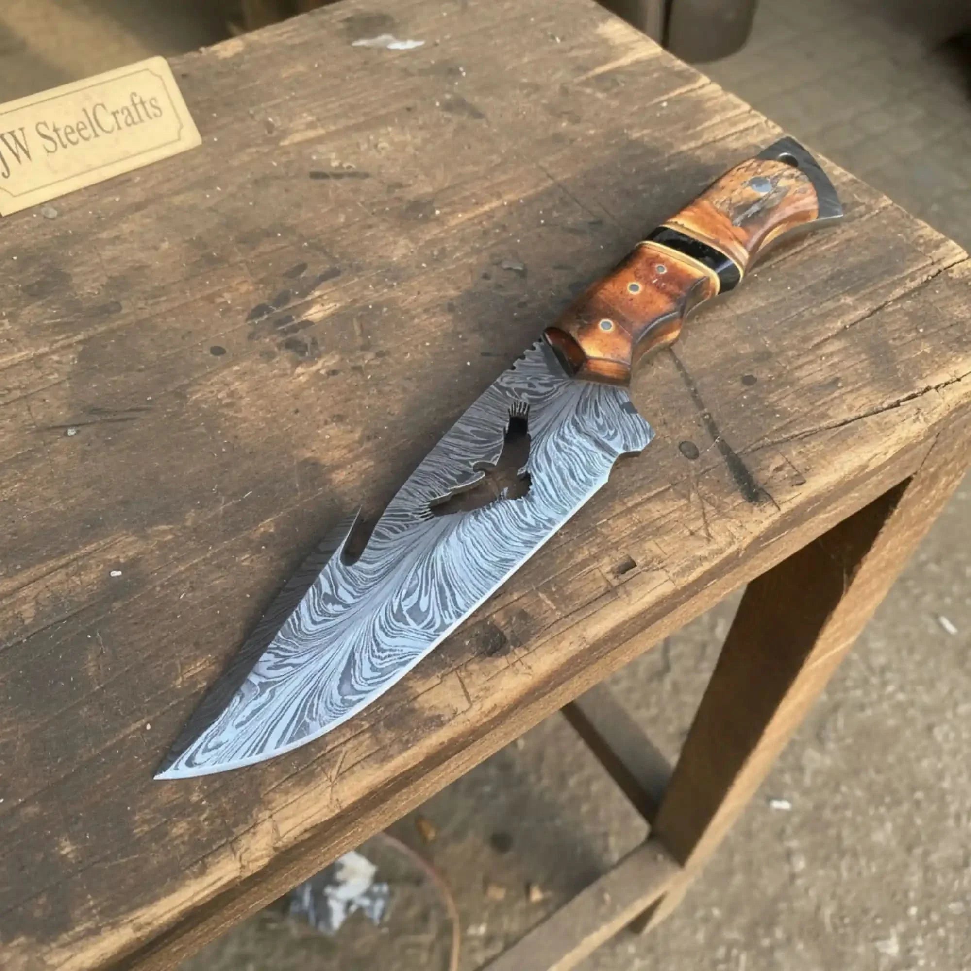 Handmade Feather Damascus Hunting Knife with Burned Camel Bone Handle &amp;amp; Eagle Engraving