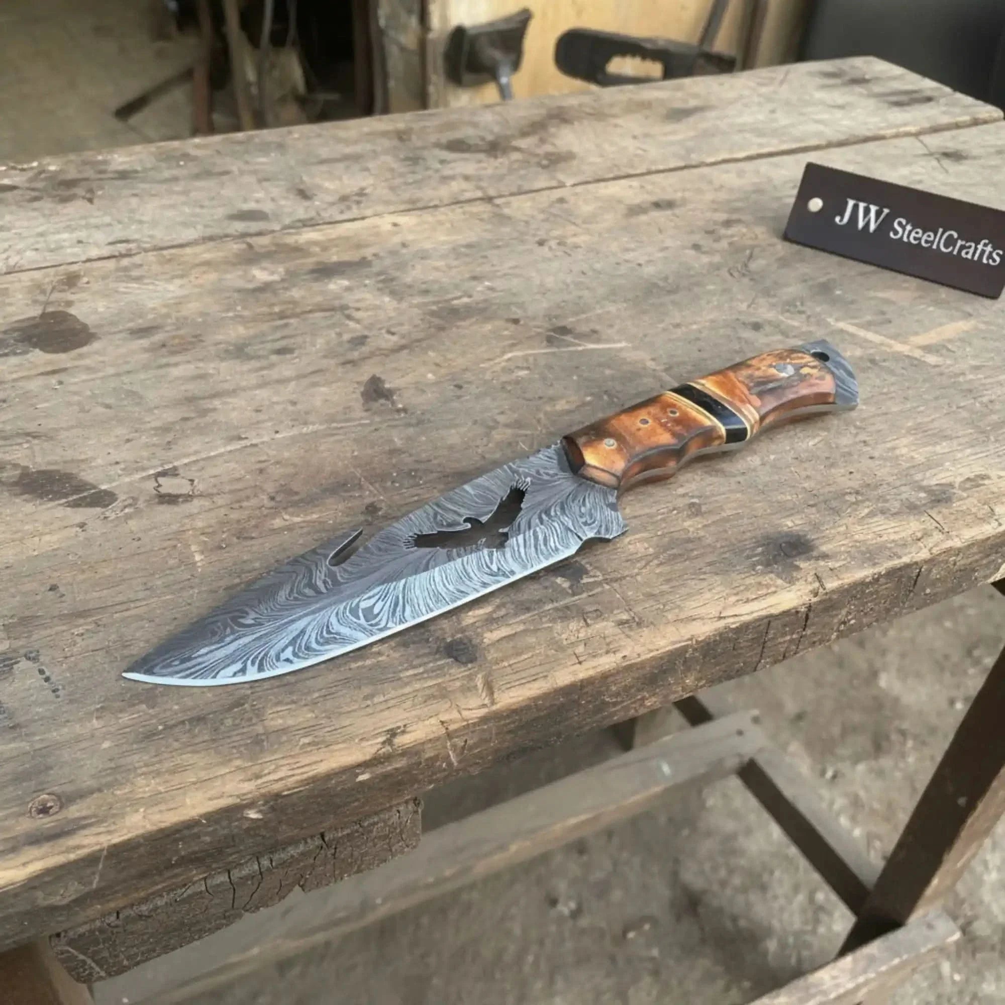 Handmade Feather Damascus Hunting Knife with Burned Camel Bone Handle &amp;amp; Eagle Engraving