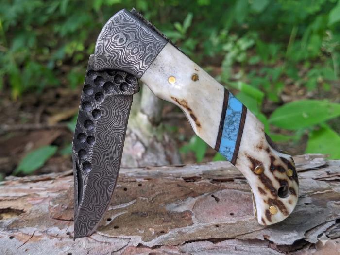 Turquoise Inlay Stag Handle Folding Knife with Hammered Spine