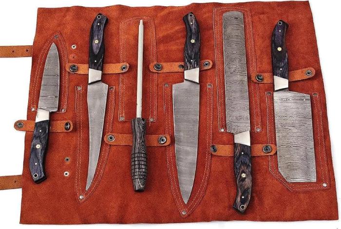 6-Piece Chef Knife Set with Sharpening Rod and Leather Roll Case