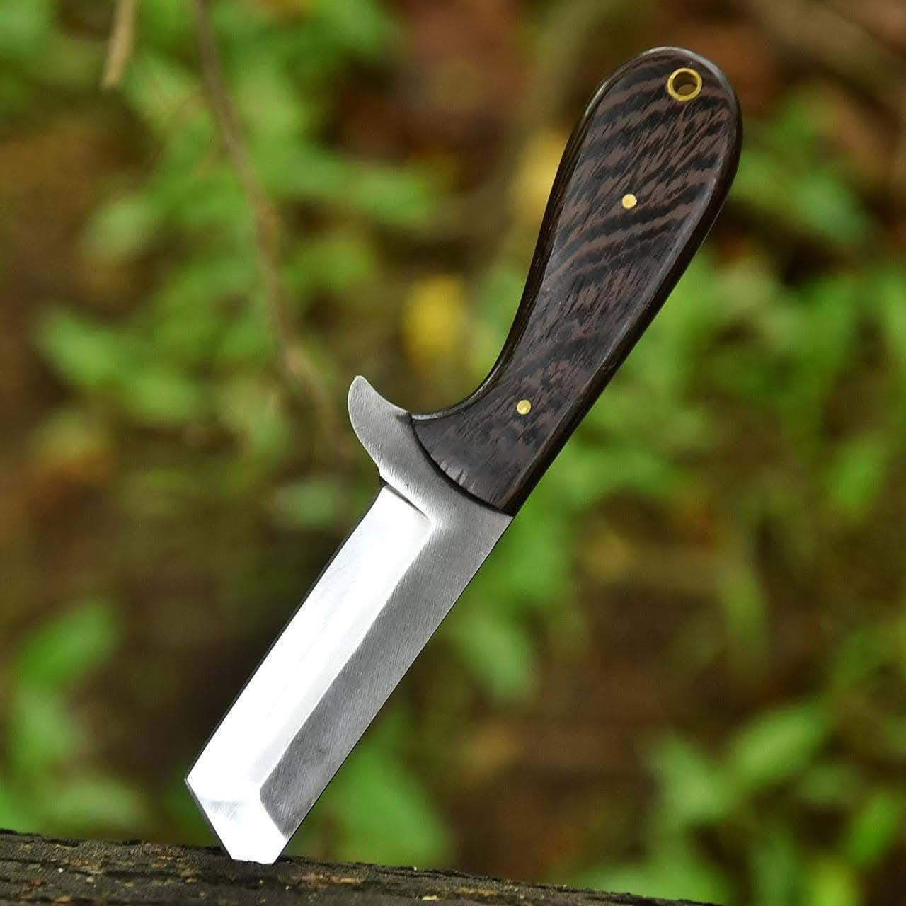 Tanto Style Utility Knife with Wood Handle and Flared Steel Guard