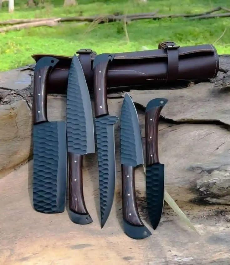 5-Piece Hammered Black Knife Set with Wood Handles and Leather Roll Case